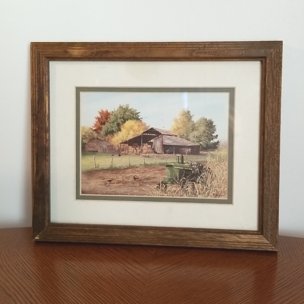 Autumn farm scene. John Deere tractor. App 4" x 7"  wood frame.